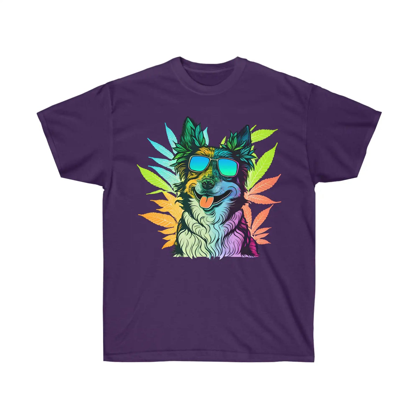 Cool Border Collie with shades surrounded by cannabis on a purple weed tshirt