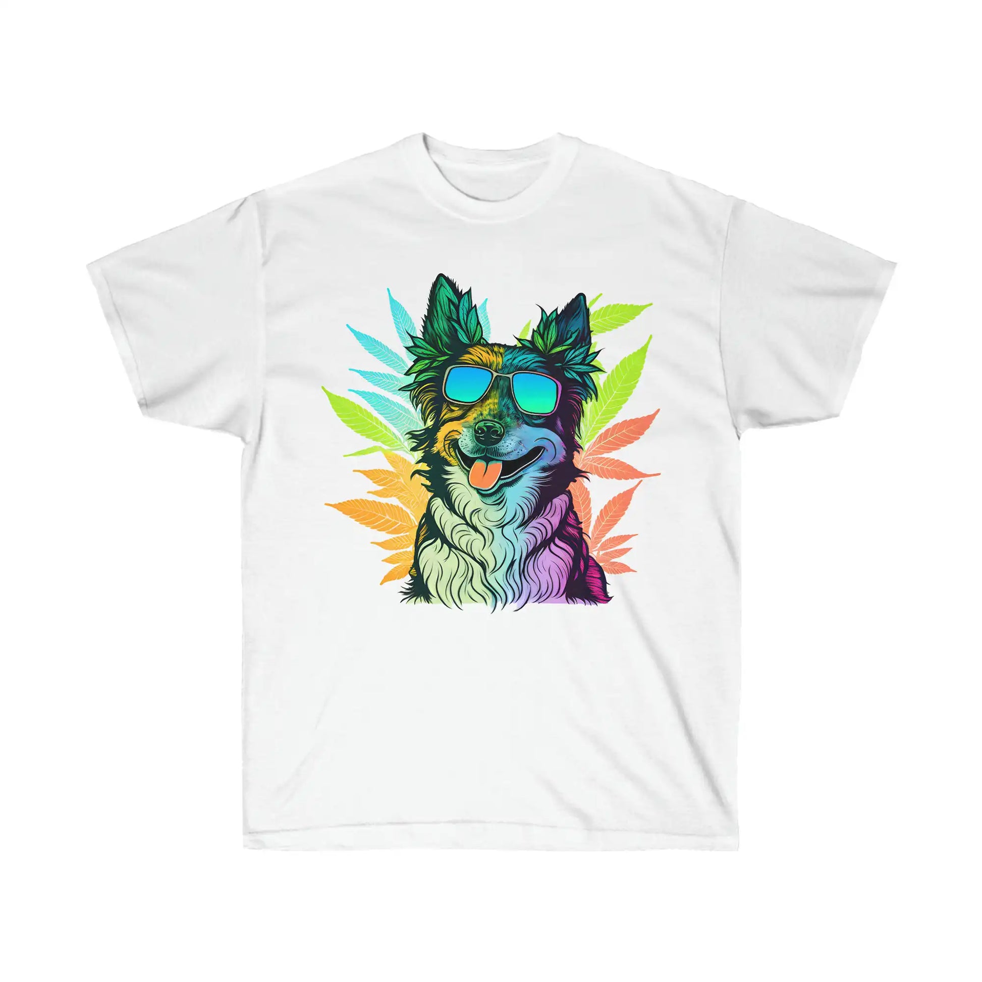 Cool Border Collie with shades surrounded by cannabis on a white weed t shirt
