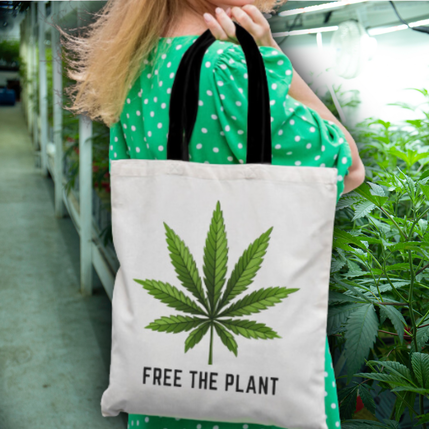 Free The Plant - Cannabis Leaf Advocacy Tote Bag | 100% Polyester, Three Sizes, Assembled in USA