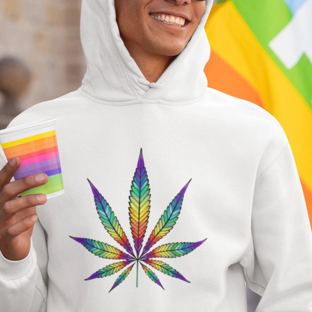 Person wearing a rainbow colored marijuana leaf white hoodie