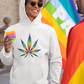 Asian Gay man wearing a rainbow colored marijuana leaf weed hoodie