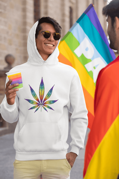 Asian Gay man wearing a rainbow colored marijuana leaf weed hoodie