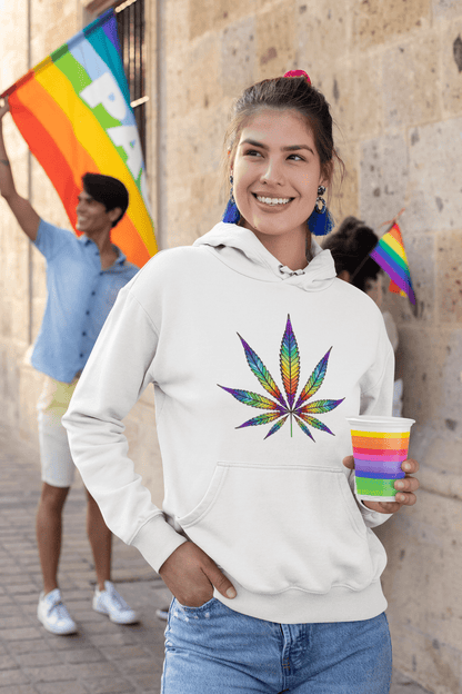 LGBQT Woman wearing a Women's Rainbow Cannabis Hoodie