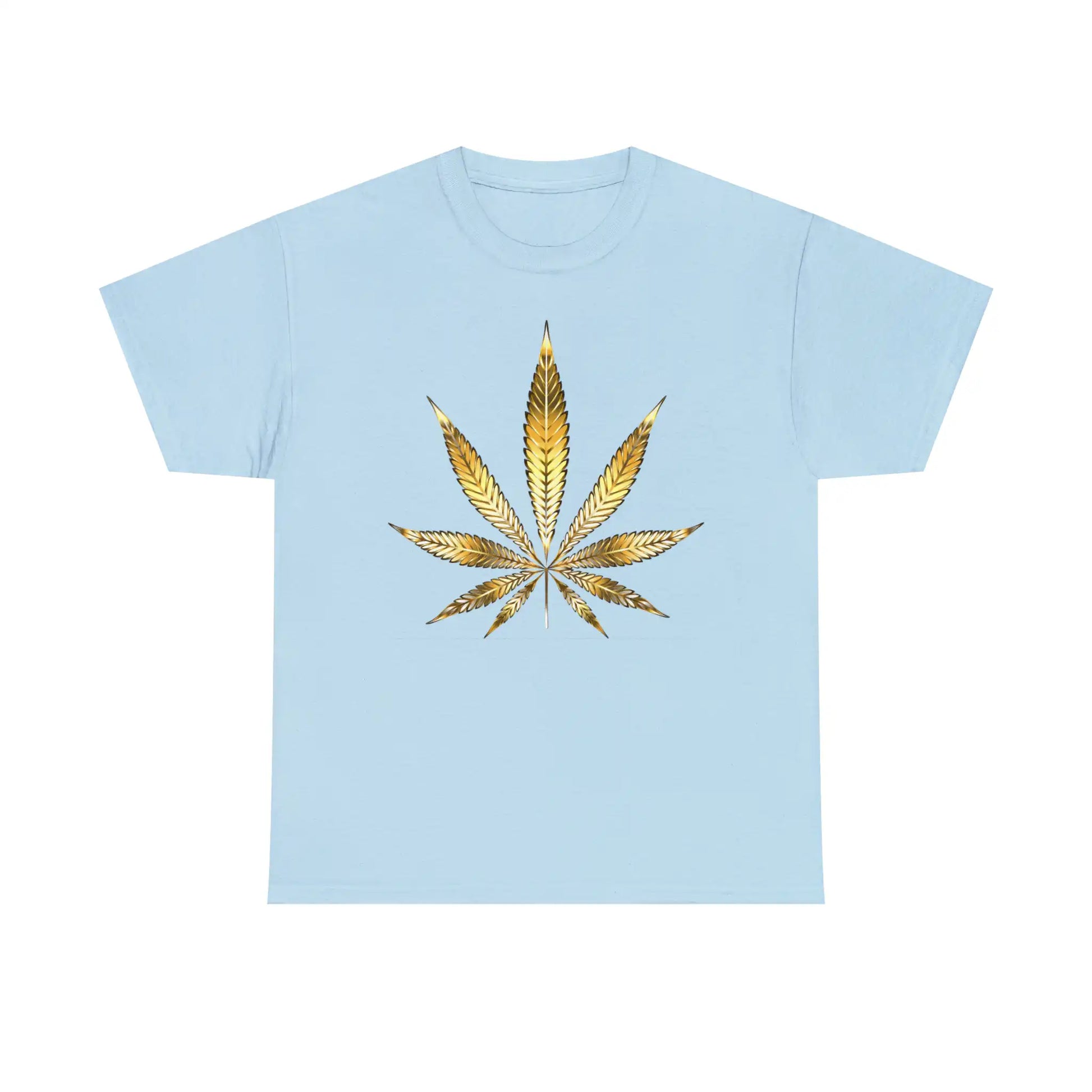 a Gold Marijuana Leaf Tee on a light blue t-shirt.