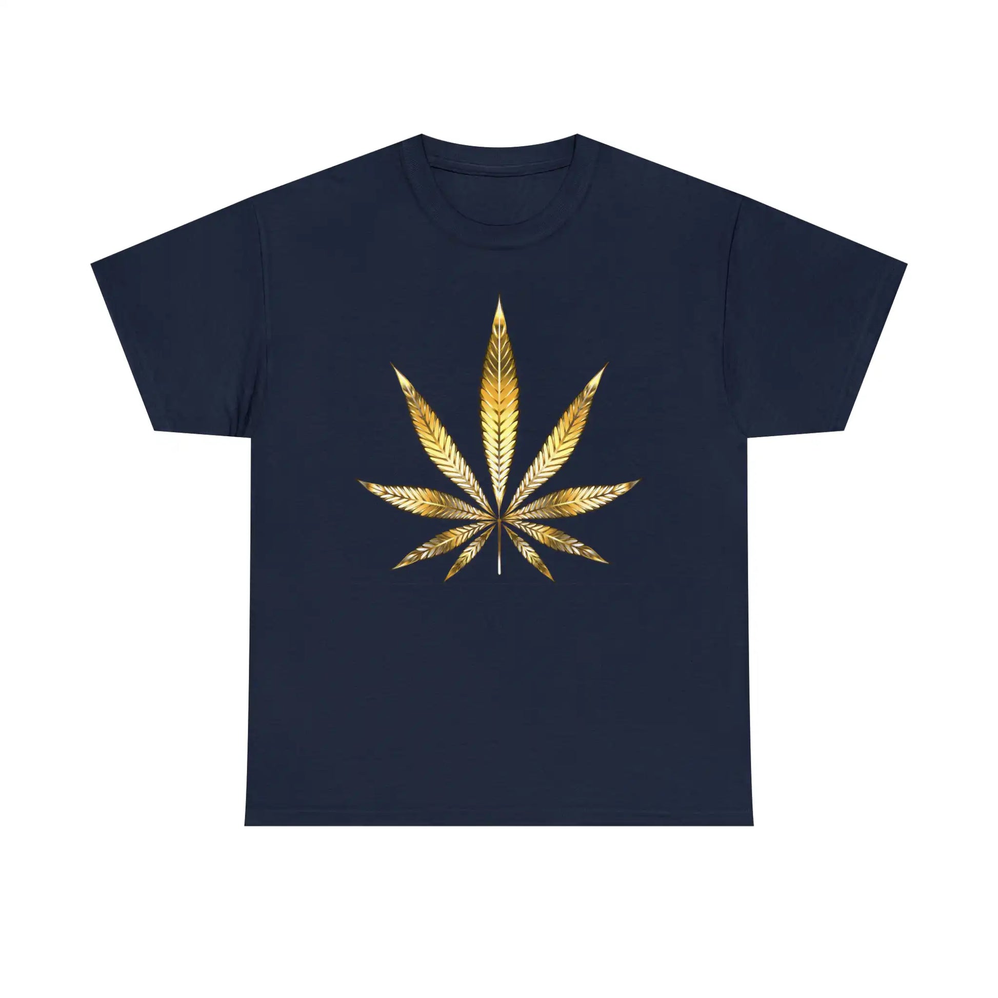 a Gold Marijuana Leaf Tee on a navy t - shirt.