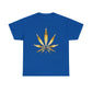 a Gold Marijuana Leaf Tee on a blue t-shirt.