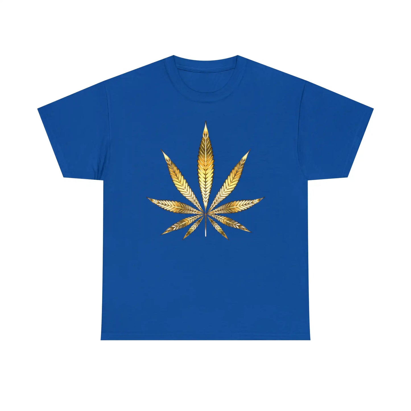 a Gold Marijuana Leaf Tee on a blue t-shirt.