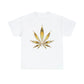 a white Gold weed Leaf shirt
