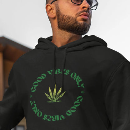 Closeup of man wearing a Good Vibes Pot Leaf Hoodie