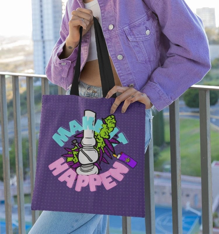 A person wearing a purple jacket Make It Happen Cannabis Tote Bag