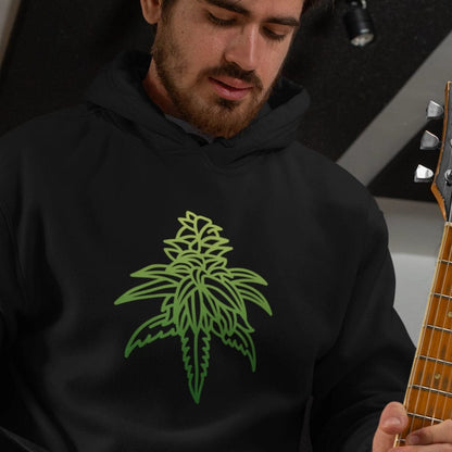 A person in a Sour Diesel Marijuana Hoodie, showcasing a green plant design emblematic of cannabis culture, holds a guitar.