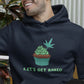 Man wearing a Let's Get Baked phrase and cupcake graphic Navy hoodie