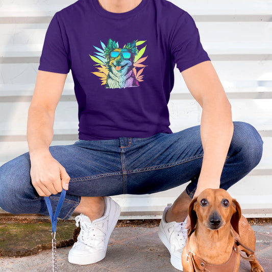 Man sitting with a dog on a leash, wearing a cool border collie with shades Purple cotton weed t-shirt
