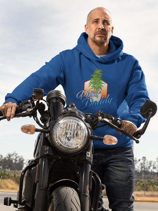 man on motorcycle wearing a blue Plant Daddy Weed Hoodie
