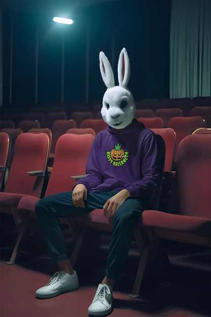 Rabbit sitting in the theather weaing Happy Halloween Stoner Pumpkin Cannabis Hoodie