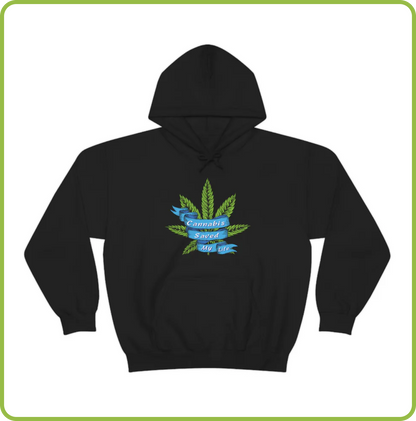 Cannabis Saved My Life Marijuana Hoodie with a colorful graphic of a cannabis leaf and the words "cannabis community" displayed on the front.