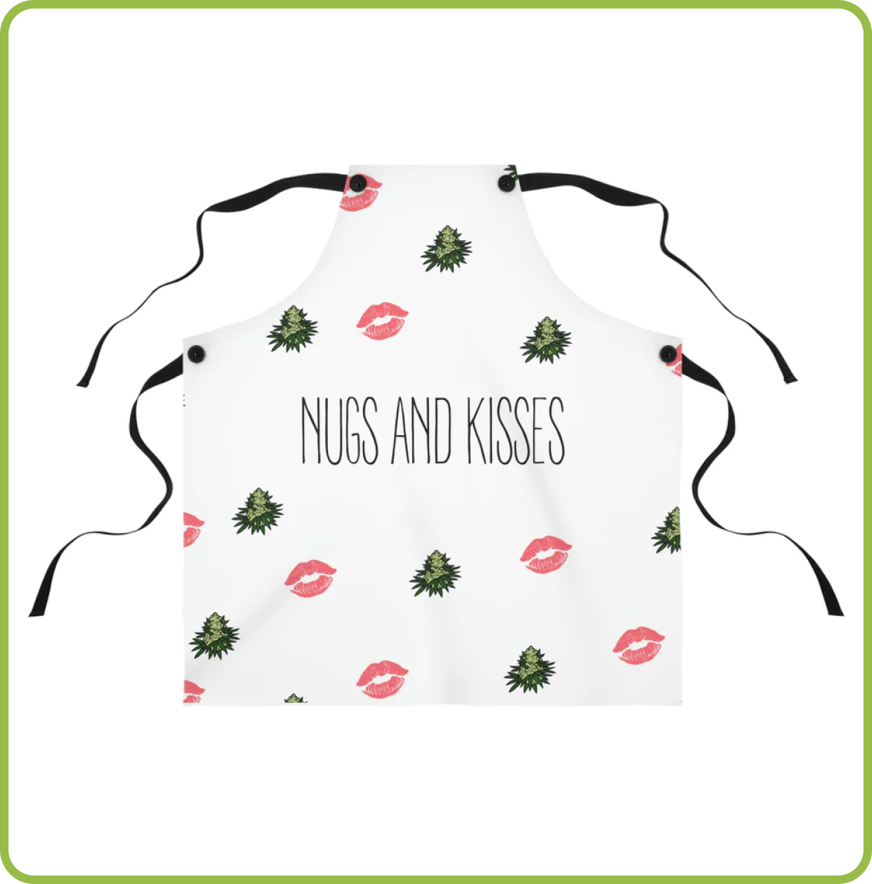 Cannabis Nugs and Kisses Chef's Apron with green cannabis leaves and red lip prints, featuring black neck and waist ties.