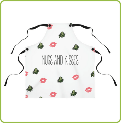 Cannabis Nugs and Kisses Chef's Apron with green cannabis leaves and red lip prints, featuring black neck and waist ties.