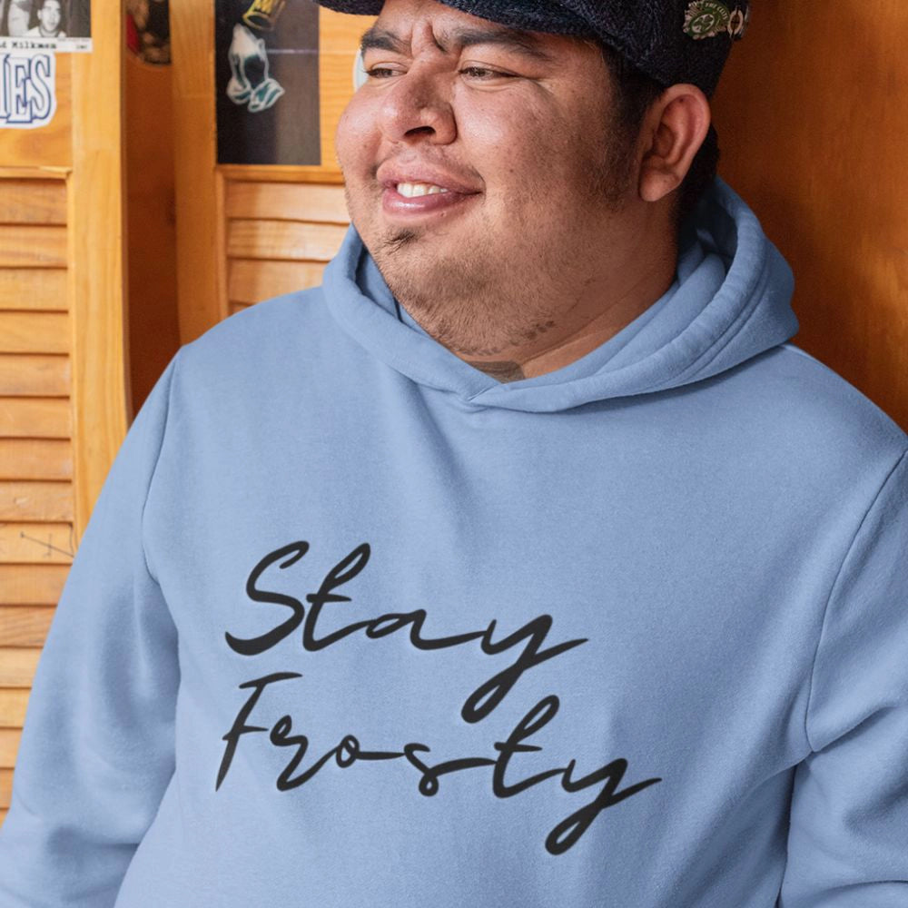 Close up of man wearing a Stay Frosty cannabis hoodie
