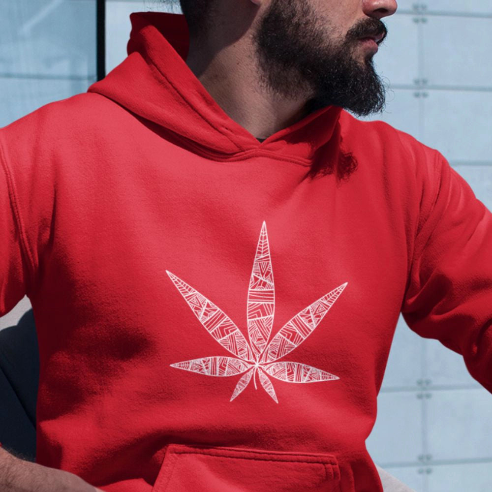 Close up of bearded man wearing red Tribal pot leaf hoodie