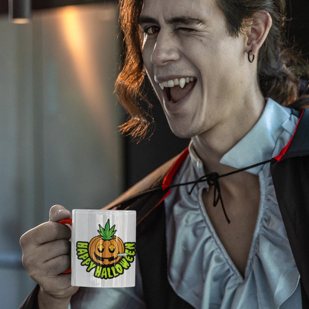 Vampire drinking from Happy Halloween Pumpkin Stoner Smoking Pumpkin