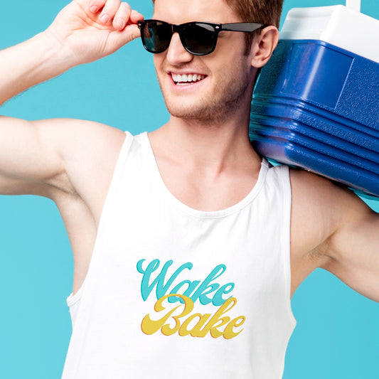 a man wearing the Wake and Bake Cannabis Jersey Tank with a blue cooler on his shoulder