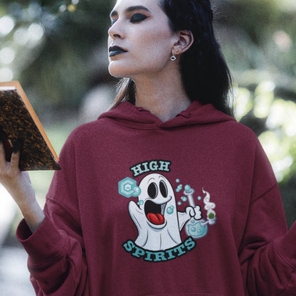 Closeup of witch wearing a maroon High Spirits Halloween Hoodie