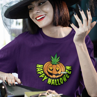 Witch Wearing purple Red Happy Halloween Pumpkin Stoner Weed Shirt closeup