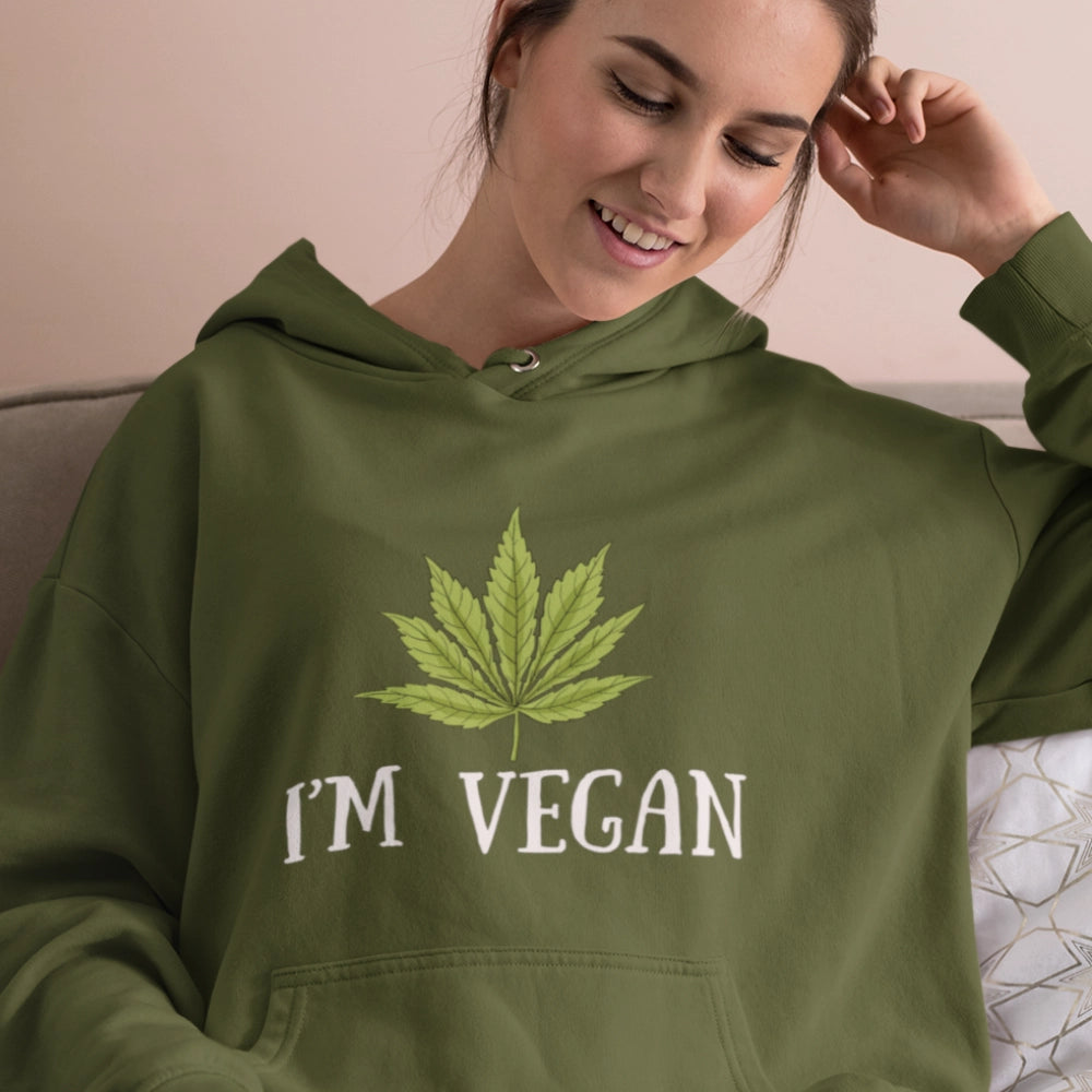 Sport Gray I'm Vegan Weed HoodiesWoman wearing a Military Green I'm Vegan Marijuana Hoodie