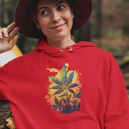 Woman wearing a red Marijuana Leaf Paradise hoodie