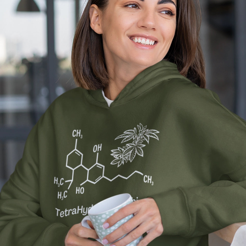 Woman wearing a THC cannabinoid Marijuana Hoodie