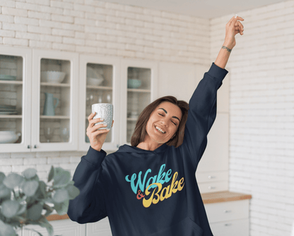 In a cozy kitchen Navy Wake and Bake Weed Hoodie