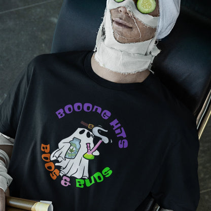 Closeup of Zombie wearing black Bong Boos & Buds ghost tee