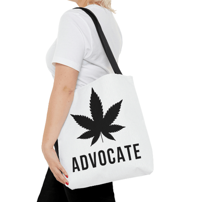 Cannabis Advocate white large tote bag on shoulder