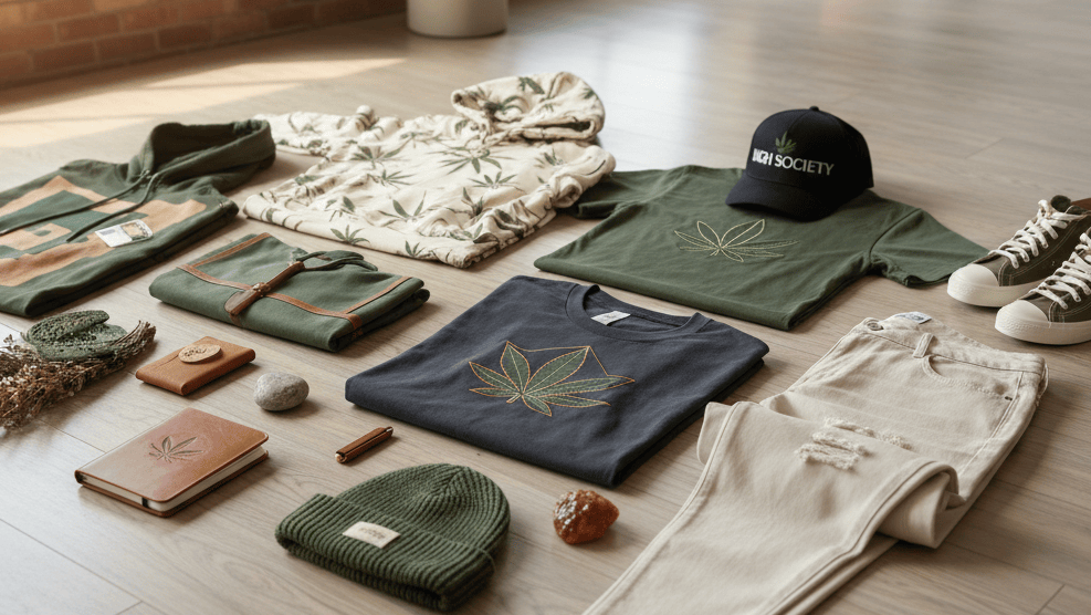 Collection of green and beige clothing and accessories on a wooden floor.