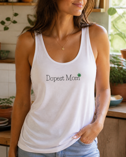 Adult wearing the white Dopest Mom cannabis leaf jersey tank in a warm kitchen setting