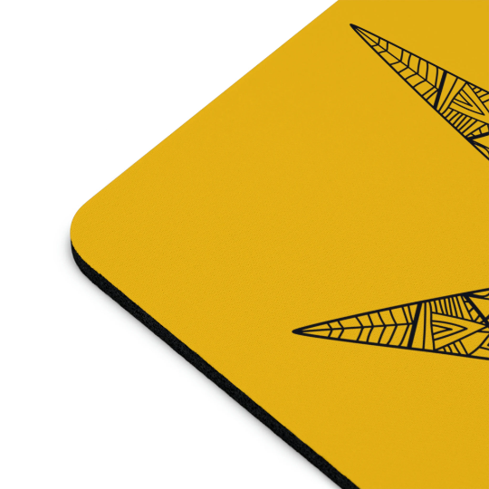 Tribal Weed Leaf Yellow Mouse Pad with black tribal cannabis leaf designs on the corners and a black border, displayed on a white background.
