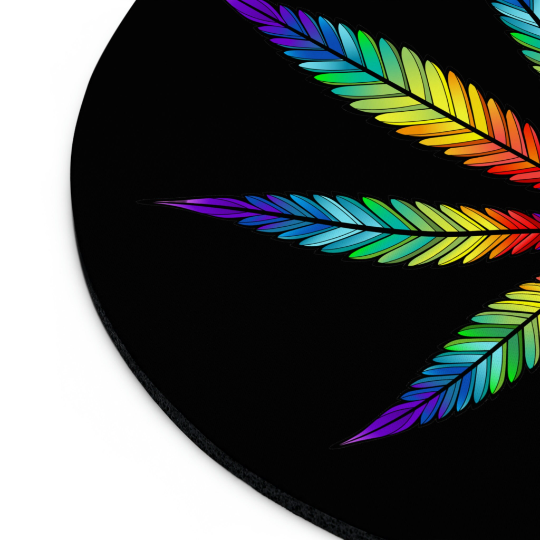 Round black non-slip Rainbow Marijuana Leaf mouse pad featuring a colorful feather design in a spectrum of rainbow colors, arranged in a semi-circular pattern on a dark background.