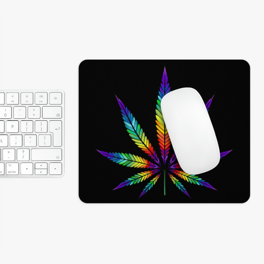 A white keyboard next to a Rainbow Marijuana Leaf mouse pad with a white mouse on top.