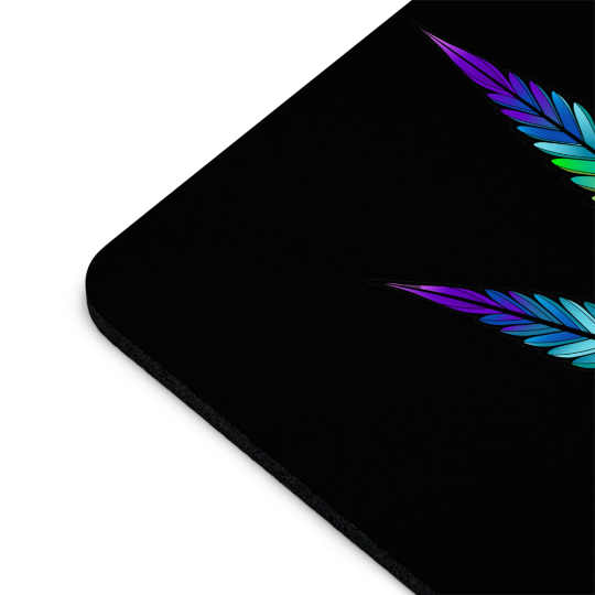 A non-slip Rainbow Marijuana Leaf mouse pad with a corner view, featuring a colorful feather design in shades of blue, purple, and green.