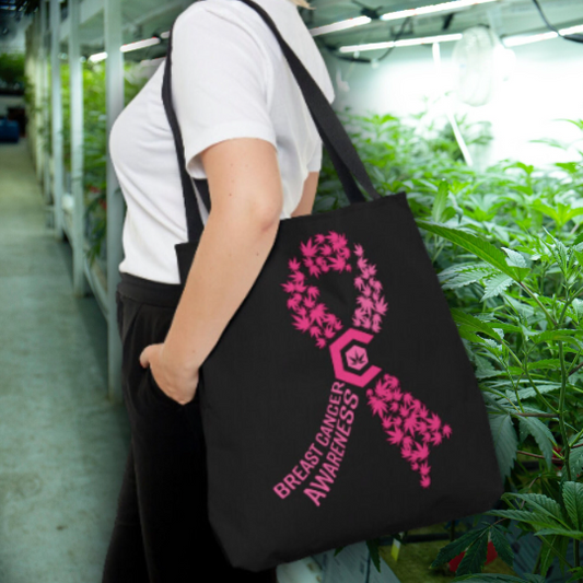 Breast Cancer Awareness Support Ribbon Design Black Tote Bag | 100% Polyester, Available in 3 Sizes, Assembled in the USA