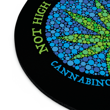 Circular non-slip Not High, Just Well Black Mouse Pad featuring a colorful dot pattern 