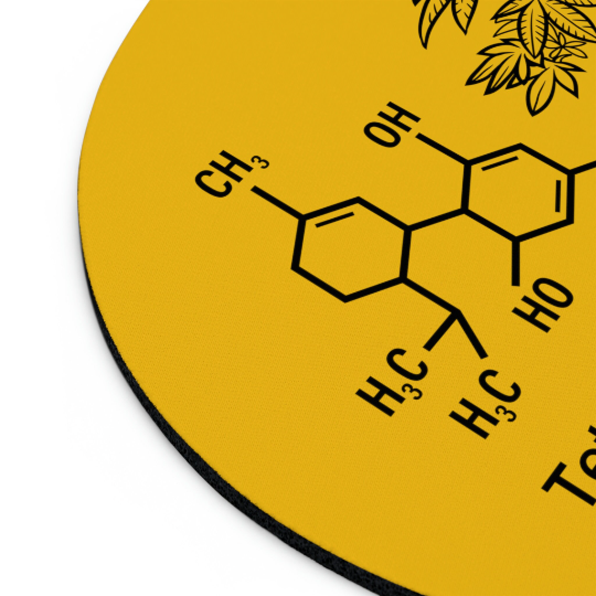 A close-up of a Tetrahydrocannabinol (THC) Yellow Mouse Pad featuring a black printed THC chemical structure diagram with text annotations, designed for cannabis enthusiasts and equipped with a non-slip rubber bottom.