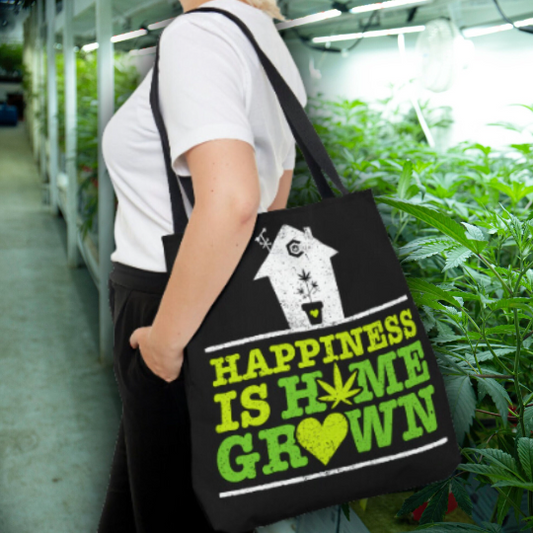 Happiness is Homegrown with Heart, Pot Leaf & Home Silhouette Design Black Tote Bag | Durable Polyester, Small, Medium, Large