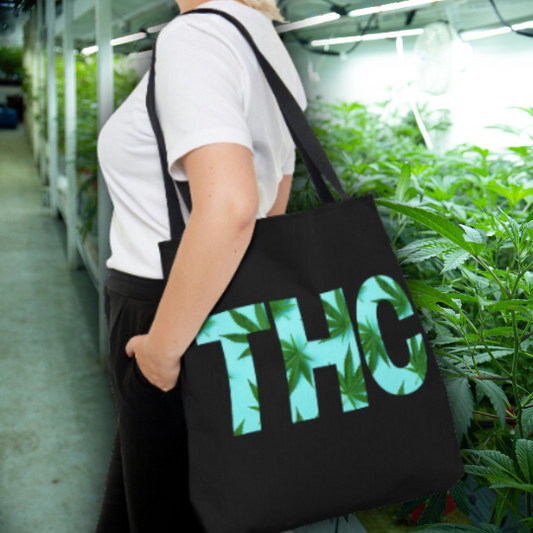 THC with Teal Cannabis Leaf Pattern Fill Black Tote Bag | USA-Made, Stylish & Durable, Three Sizes Available