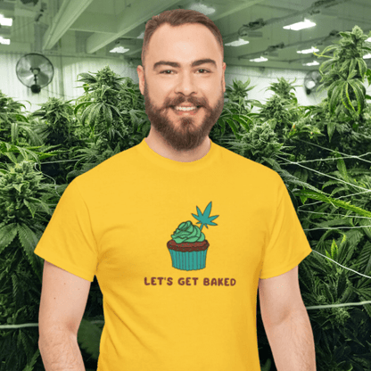 A man wearing a yellow "Let's Get Baked Weed Shirts" Ultra Cotton Tee