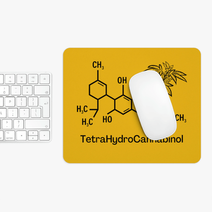 A white mouse on a Tetrahydrocannabinol (THC) Yellow Mouse Pad