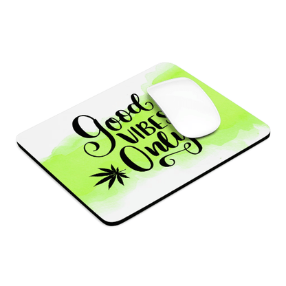 A white computer mouse on a non-slip neoprene Good Vibes Only Cannabis mouse pad 