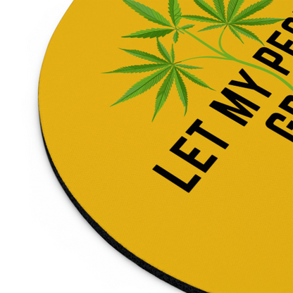 Let My People Grow Yellow Mousepad with black borders featuring cannabis leaves and the text "Let My People Grow" in bold, designed with a non-slip base.