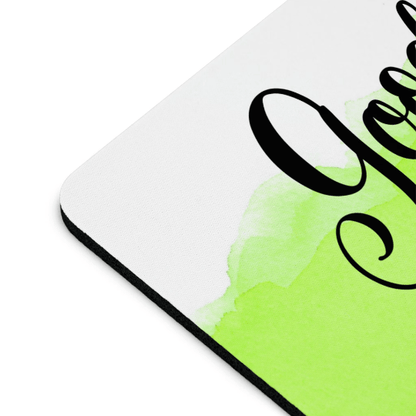 Corner view of a Good Vibes Only Cannabis Mousepad featuring a green watercolor design 